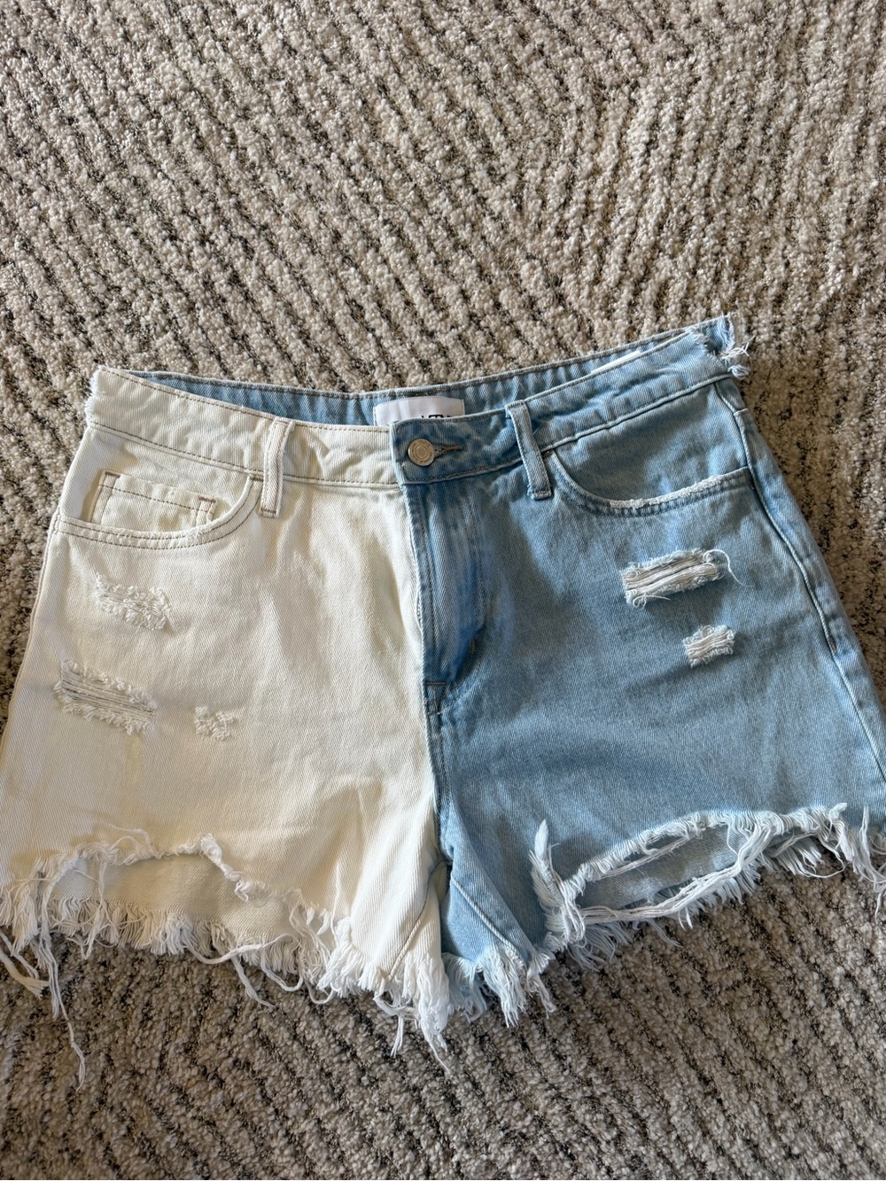 Women’s Two-Tone Distressed Denim Shorts in White and Light Blue